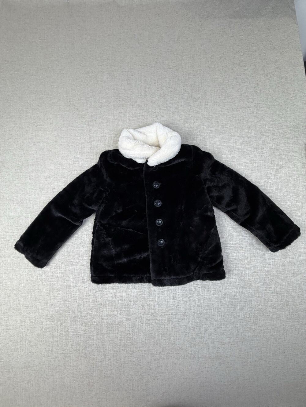 Matilda Jane Girls Size 8 Black Faux Fur Coat White Collar Polka Dot Lined